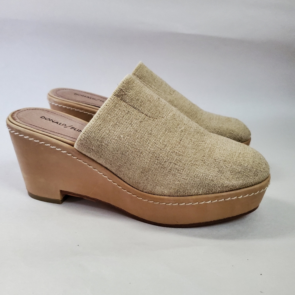 Donald Pliner Linen Corsica Heeled Clogs Mules Women's 9 Neutral Leather Burlap